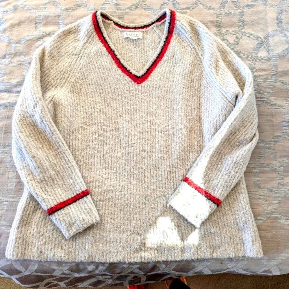 Boutique brand Velvet sweater, fuzzy white with red and black accents, size M